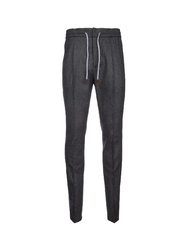 BRUNELLO CUCINELLI MEN'S DARK GREY TAILORED DRAWSTRING TROUSERS