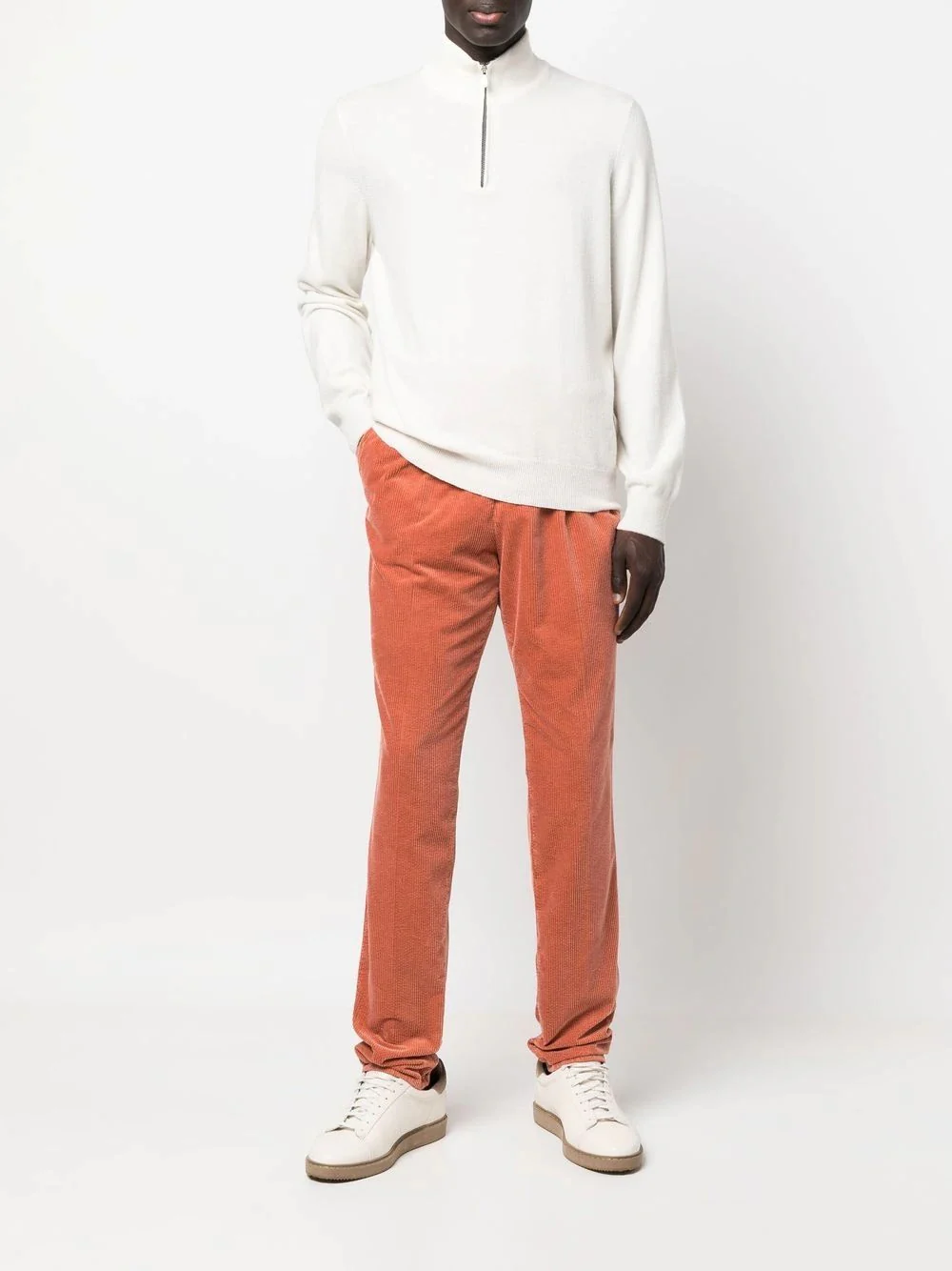 BRUNELLO CUCINELLI MEN'S ORANGE CORDUROY PLEATED TROUSERS - Image 2