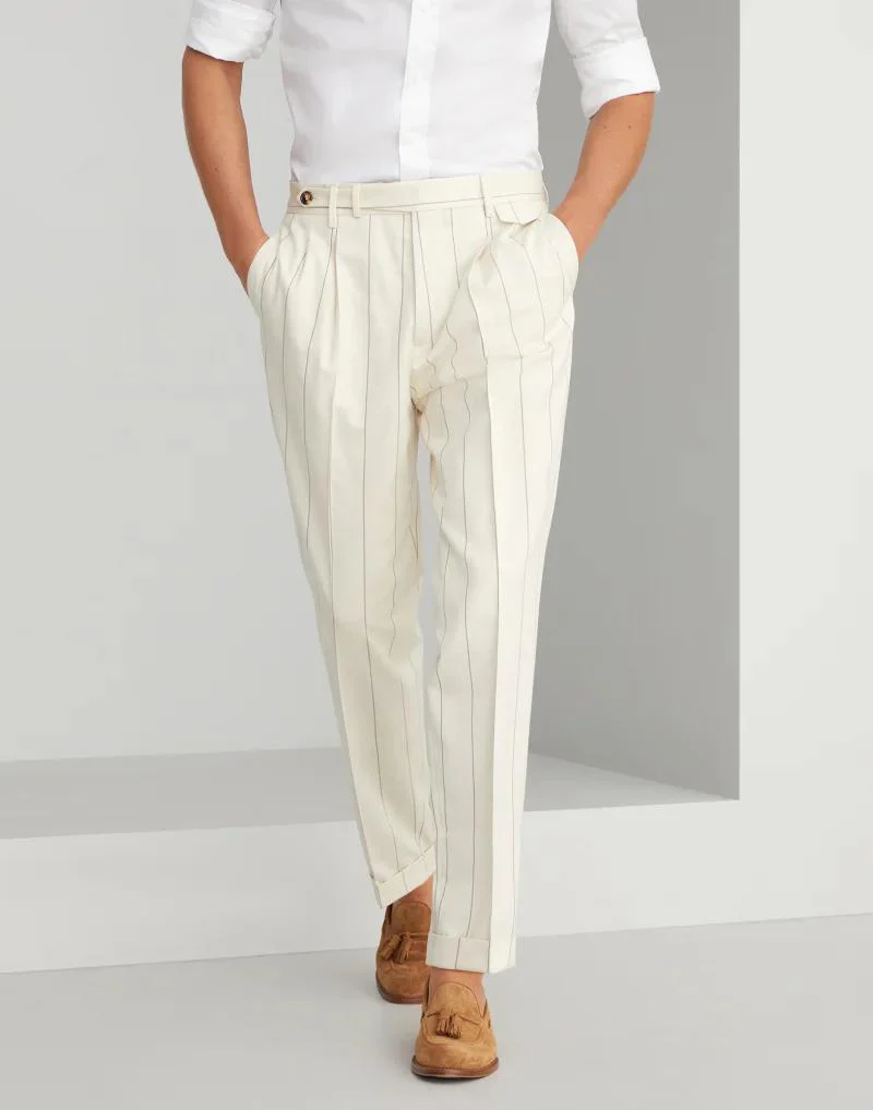 BRUNELLO CUCINELLI MEN'S CREAM PINSTRIPE PLEATED TROUSERS