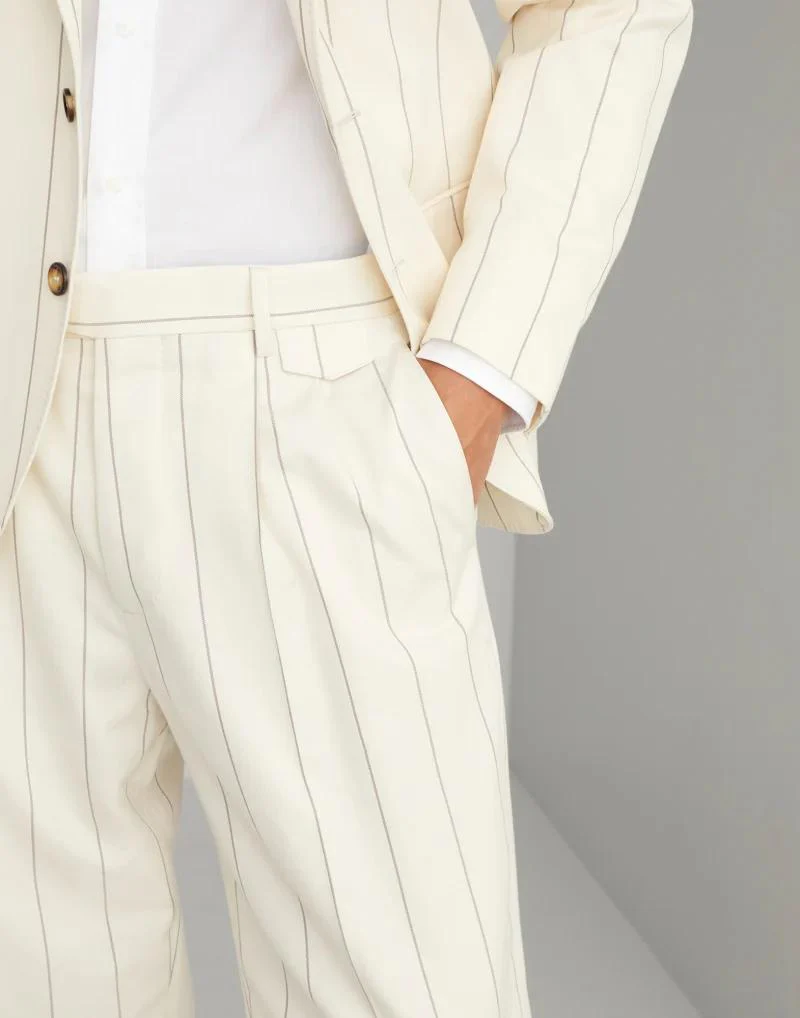 BRUNELLO CUCINELLI MEN'S CREAM PINSTRIPE PLEATED TROUSERS - Image 2