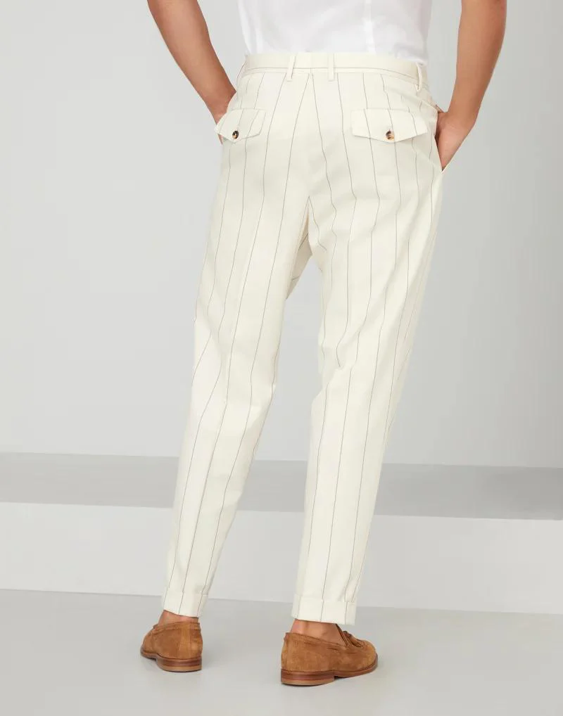 BRUNELLO CUCINELLI MEN'S CREAM PINSTRIPE PLEATED TROUSERS - Image 3
