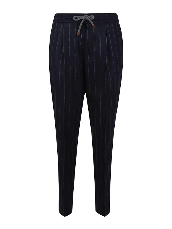 BRUNELLO CUCINELLI MEN'S NAVY PINSTRIPE DRAWSTRING TROUSERS