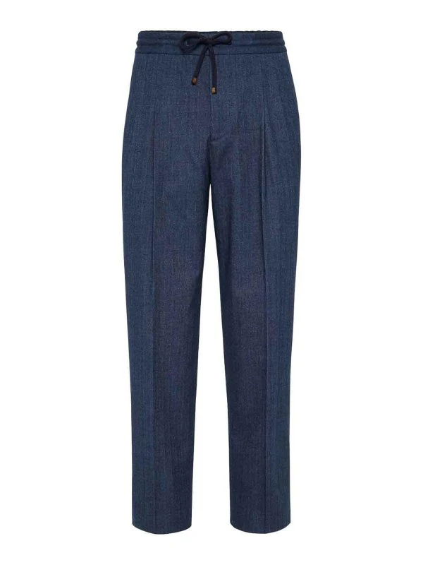 BRUNELLO CUCINELLI MEN'S BLUE PLEATED DRAWSTRING TROUSERS