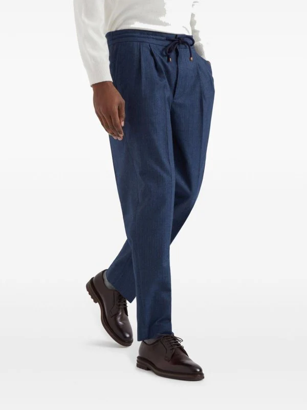 BRUNELLO CUCINELLI MEN'S BLUE PLEATED DRAWSTRING TROUSERS - Image 3