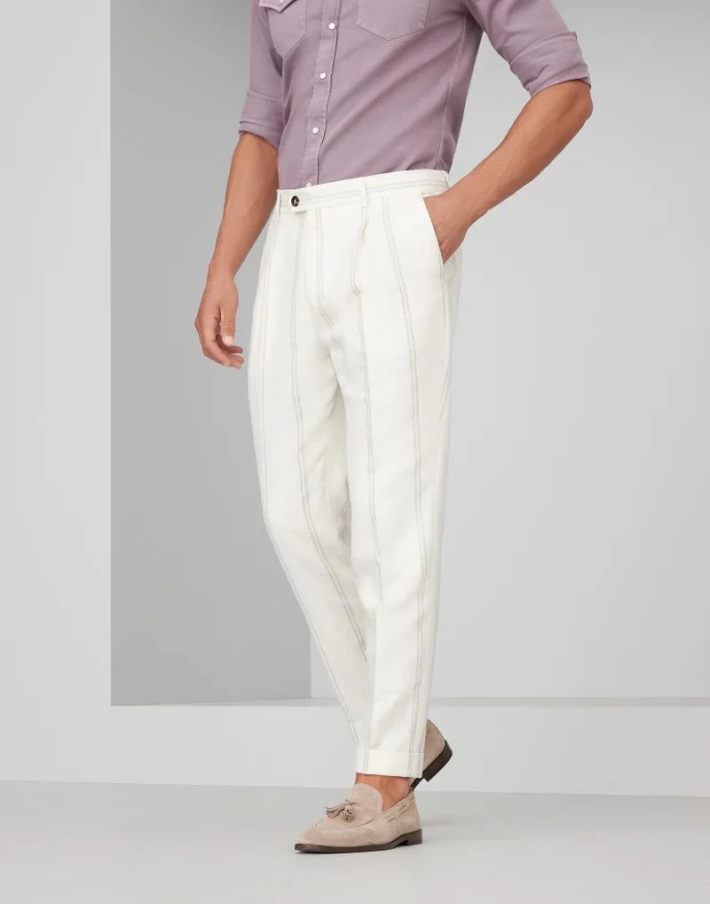 BRUNELLO CUCINELLI MEN'S IVORY TAILORED TROUSERS WITH STRIPES