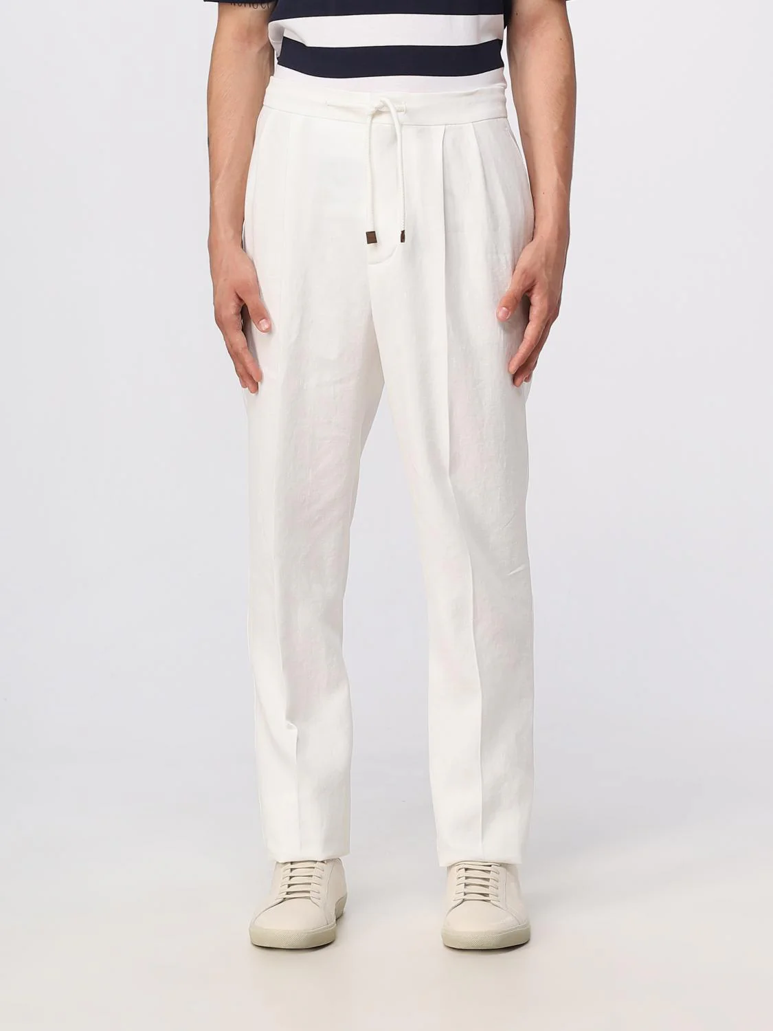 BRUNELLO CUCINELLI MEN'S WHITE DRAWSTRING LINEN TROUSERS
