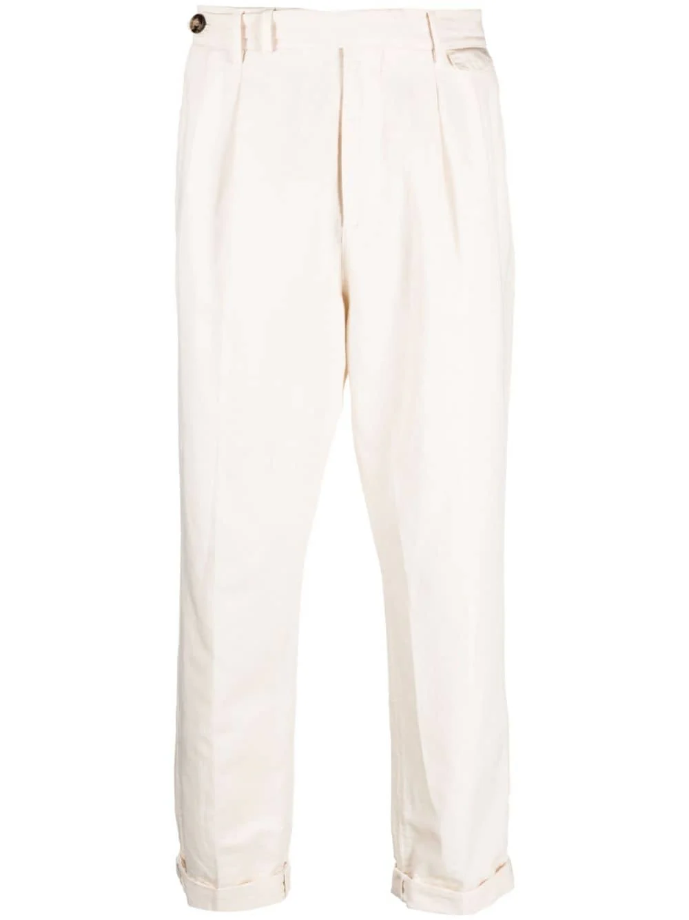 BRUNELLO CUCINELLI MEN'S OFF-WHITE PLEATED TROUSERS WITH CUFFS