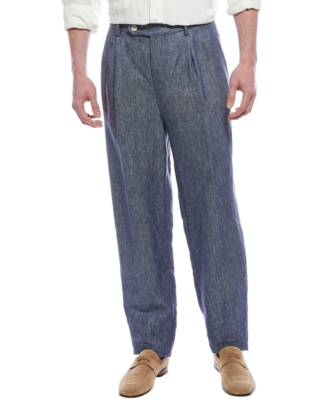 BRUNELLO CUCINELLI MEN'S BLUE LINEN PLEATED TROUSERS