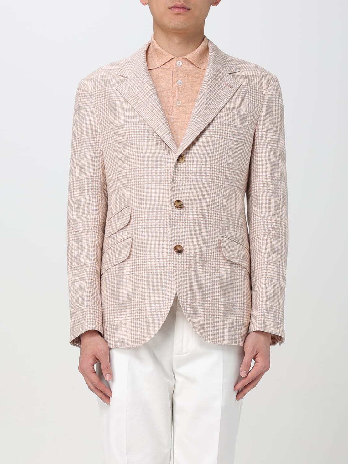 BRUNELLO CUCINELLI MEN'S PAPAYA LINEN WOOL PLAID BLAZER