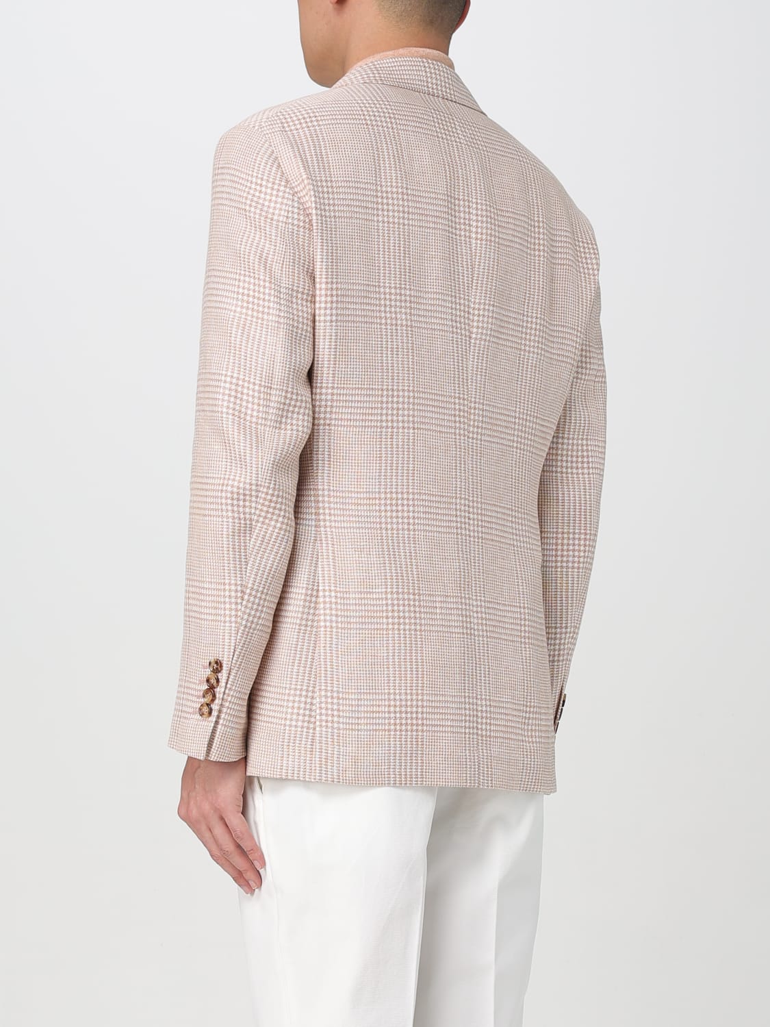 BRUNELLO CUCINELLI MEN'S PAPAYA LINEN WOOL PLAID BLAZER - Image 3