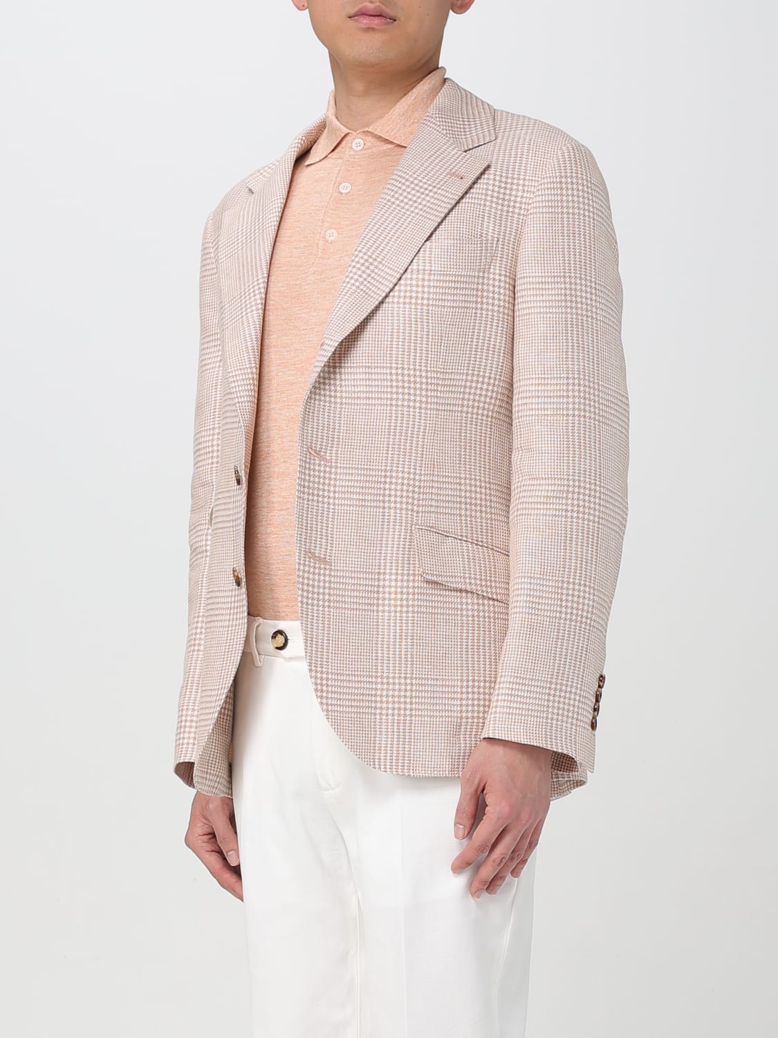 BRUNELLO CUCINELLI MEN'S PAPAYA LINEN WOOL PLAID BLAZER - Image 4