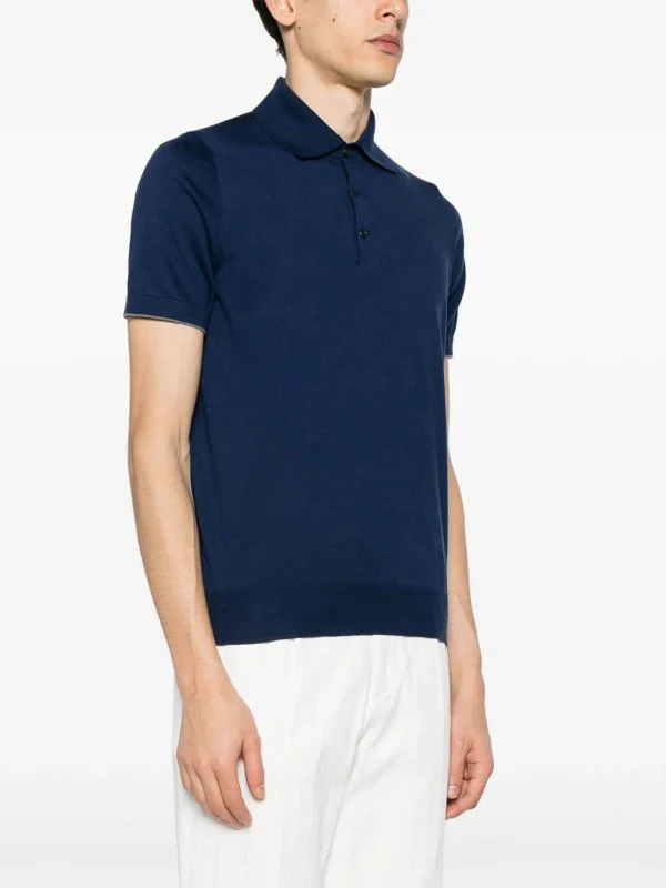 BRUNELLO CUCINELLI MEN'S PRUSSIAN BLUE KNIT POLO SWEATER - Image 3