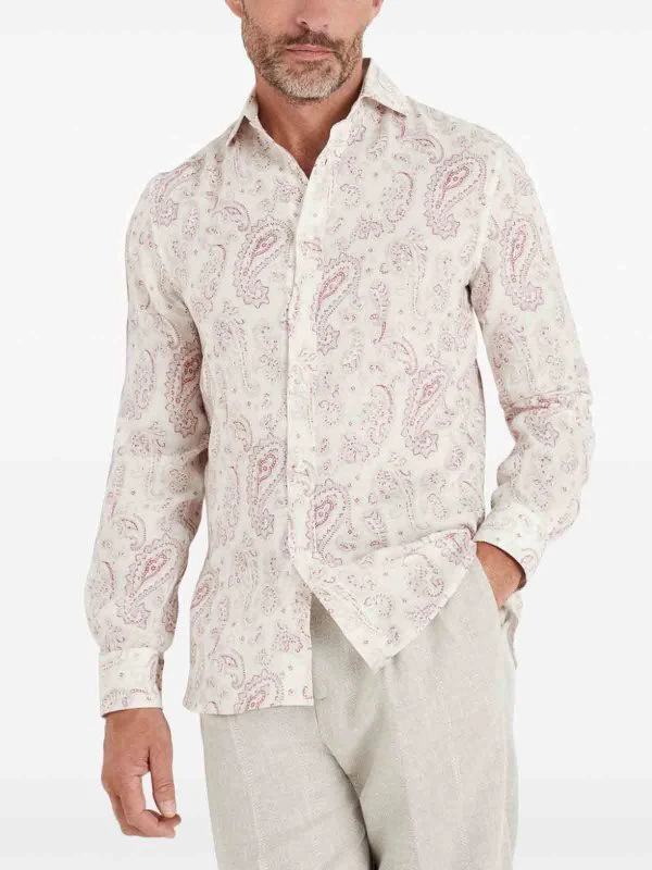 BRUNELLO CUCINELLI MEN'S RASPBERRY PAISLEY LINEN SHIRT - Image 2