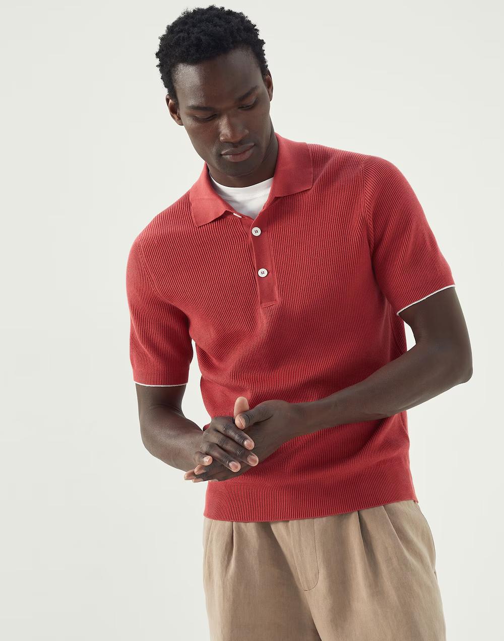 BRUNELLO CUCINELLI MEN'S RED SHORT-SLEEVE KNIT POLO SWEATER