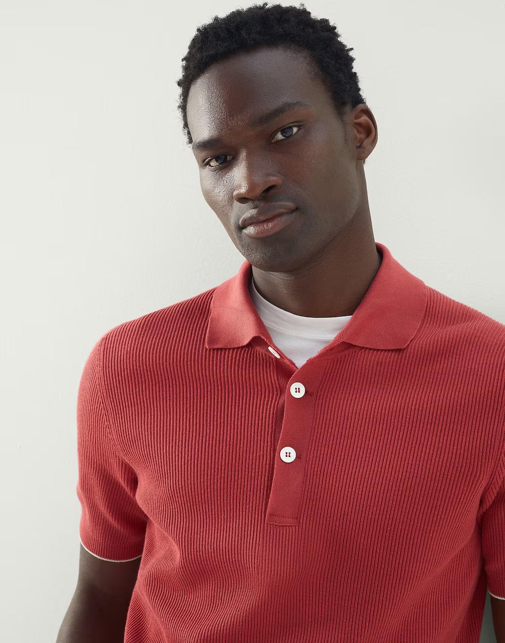 BRUNELLO CUCINELLI MEN'S RED SHORT-SLEEVE KNIT POLO SWEATER - Image 2
