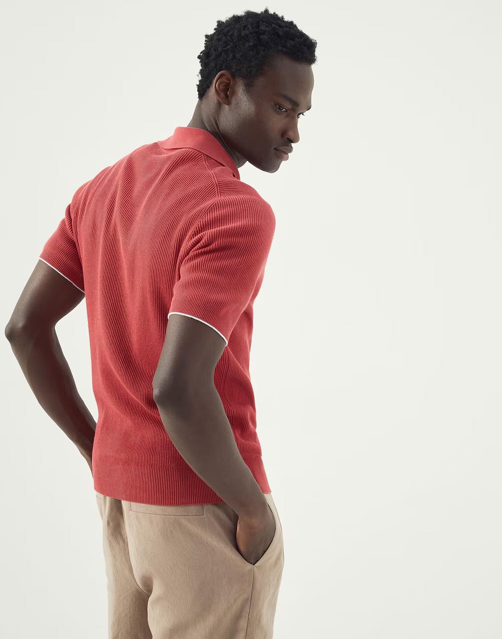 BRUNELLO CUCINELLI MEN'S RED SHORT-SLEEVE KNIT POLO SWEATER - Image 4