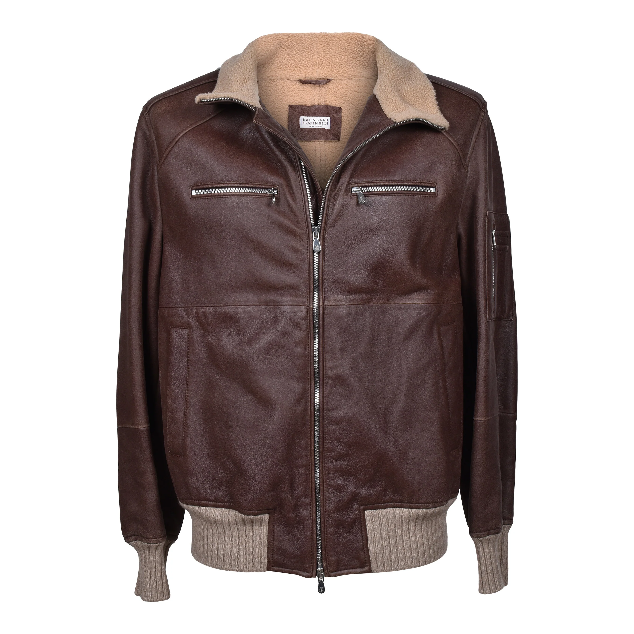 BRUNELLO CUCINELLI MEN'S BROWN LEATHER SHEARLING BOMBER JACKET