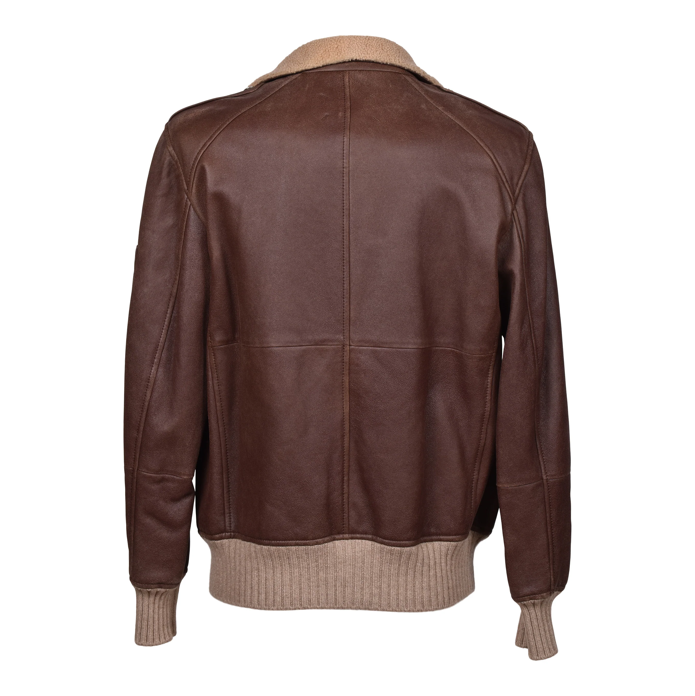 BRUNELLO CUCINELLI MEN'S BROWN LEATHER SHEARLING BOMBER JACKET - Image 2