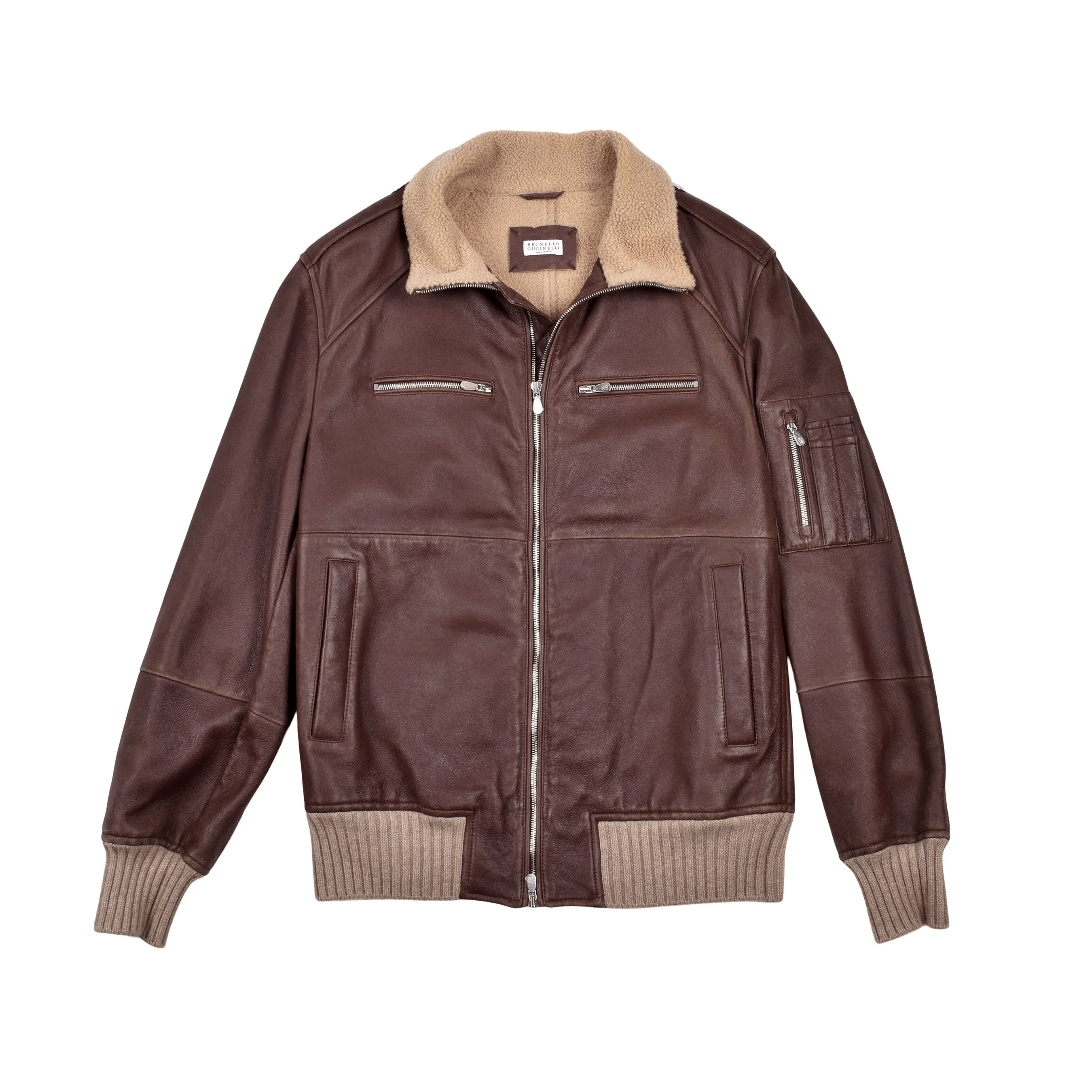 BRUNELLO CUCINELLI MEN'S BROWN LEATHER SHEARLING BOMBER JACKET - Image 5