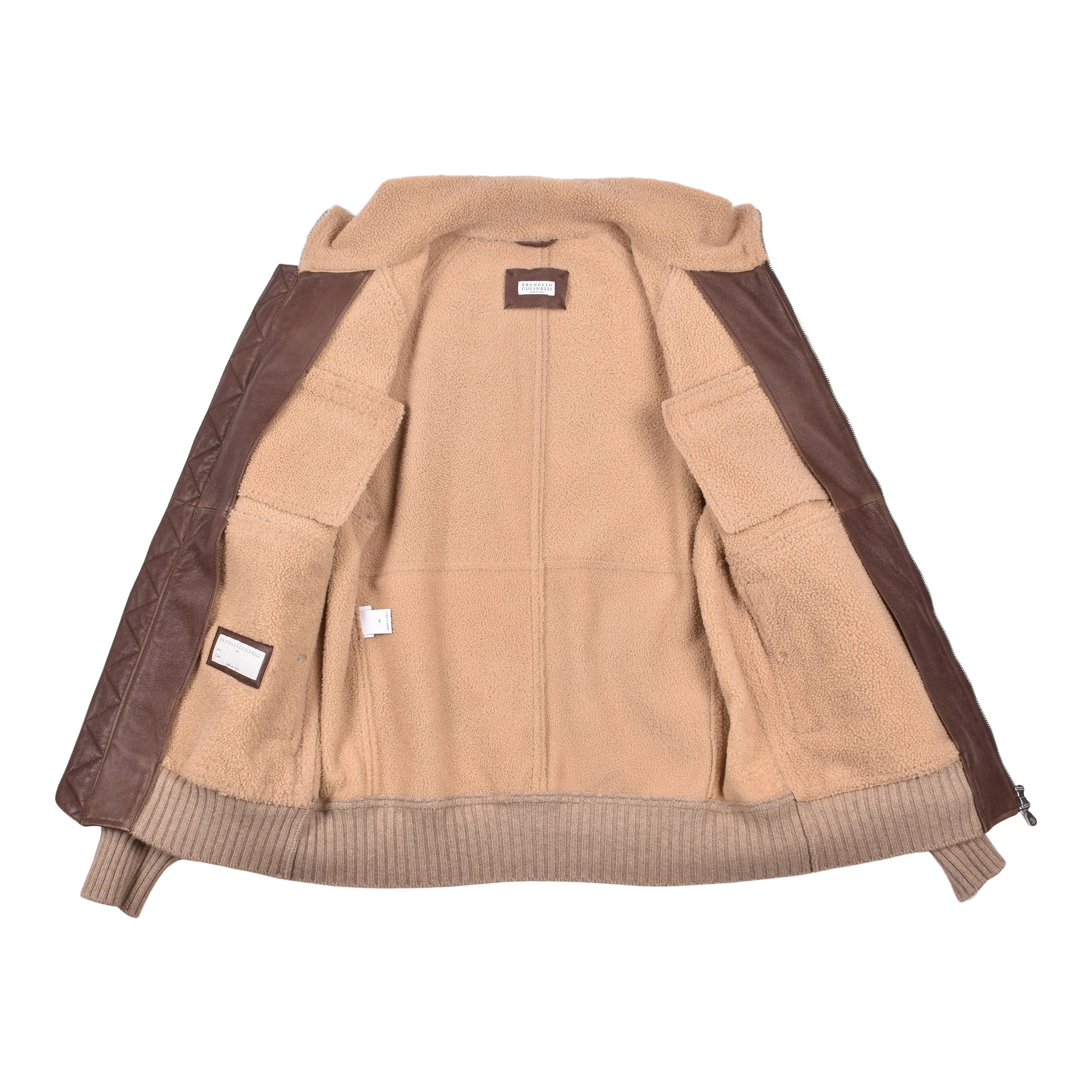 BRUNELLO CUCINELLI MEN'S BROWN LEATHER SHEARLING BOMBER JACKET - Image 6