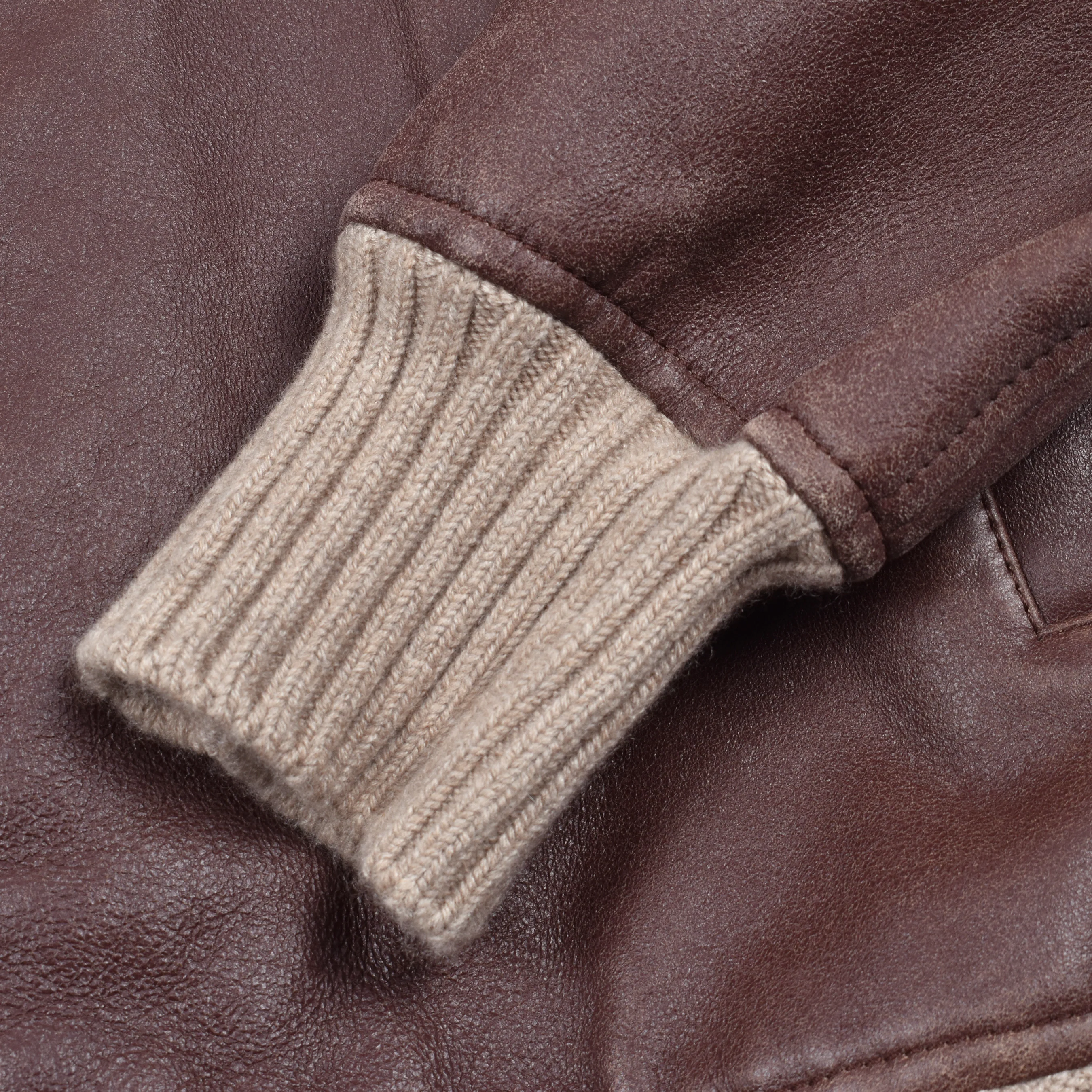 BRUNELLO CUCINELLI MEN'S BROWN LEATHER SHEARLING BOMBER JACKET - Image 8