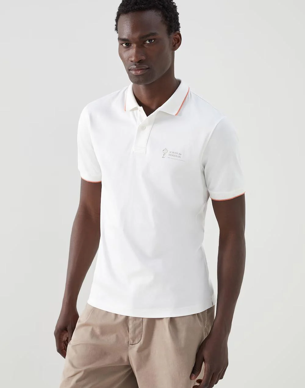 BRUNELLO CUCINELLI MEN'S OFF-WHITE POLO SHIRT WITH EMBROIDERY