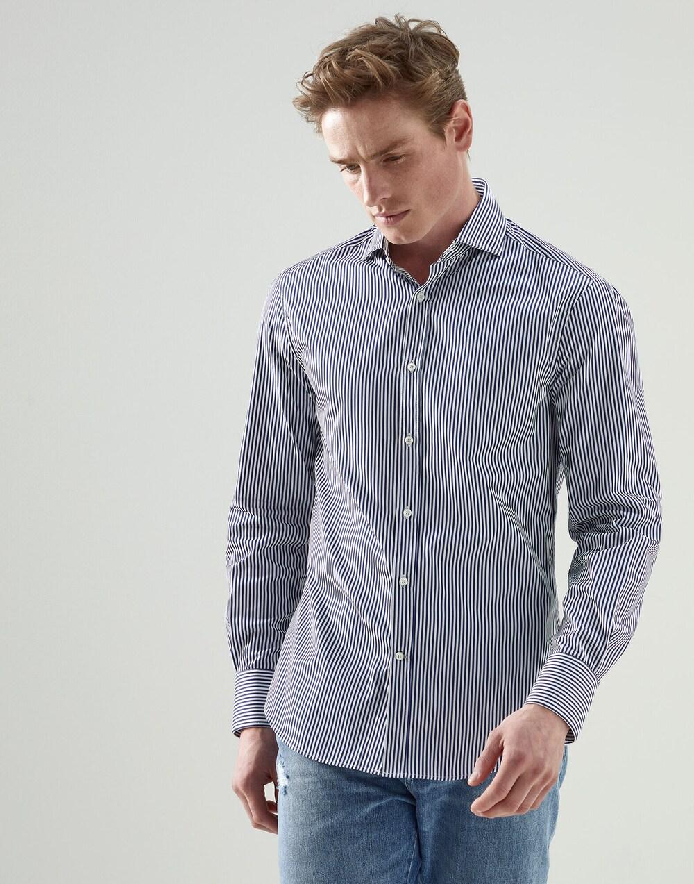BRUNELLO CUCINELLI MEN'S WHITE BLUE STRIPED BUTTON-UP SHIRT