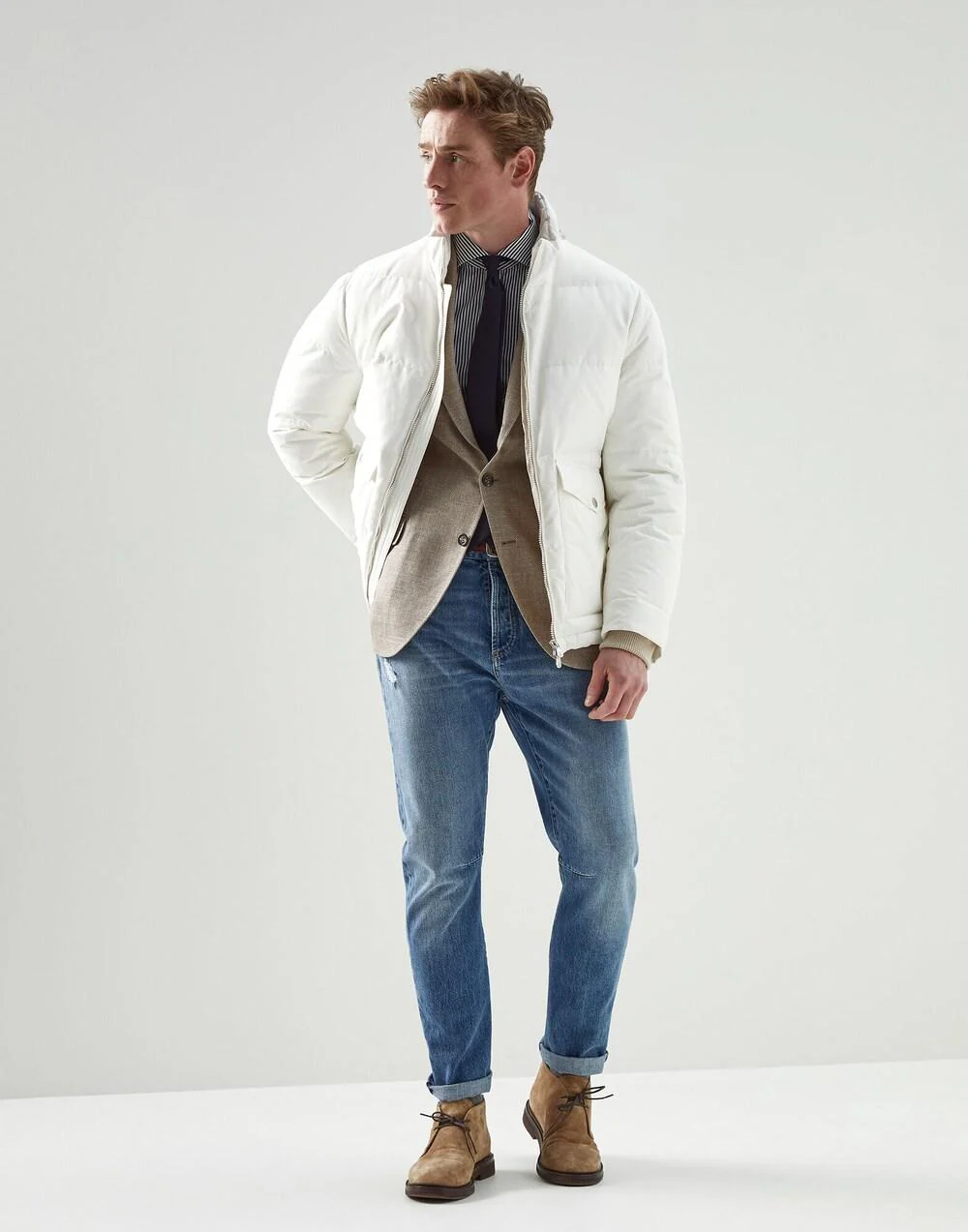 BRUNELLO CUCINELLI MEN'S WHITE BLUE STRIPED BUTTON-UP SHIRT - Image 3