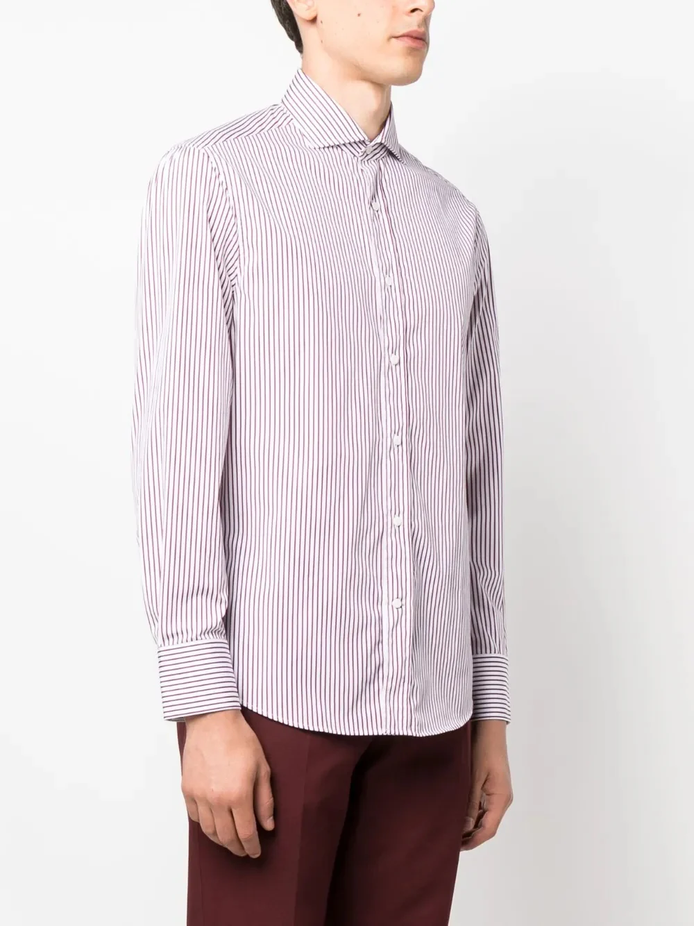 BRUNELLO CUCINELLI MEN'S PURPLE STRIPED BUTTON-DOWN SHIRT - Image 3