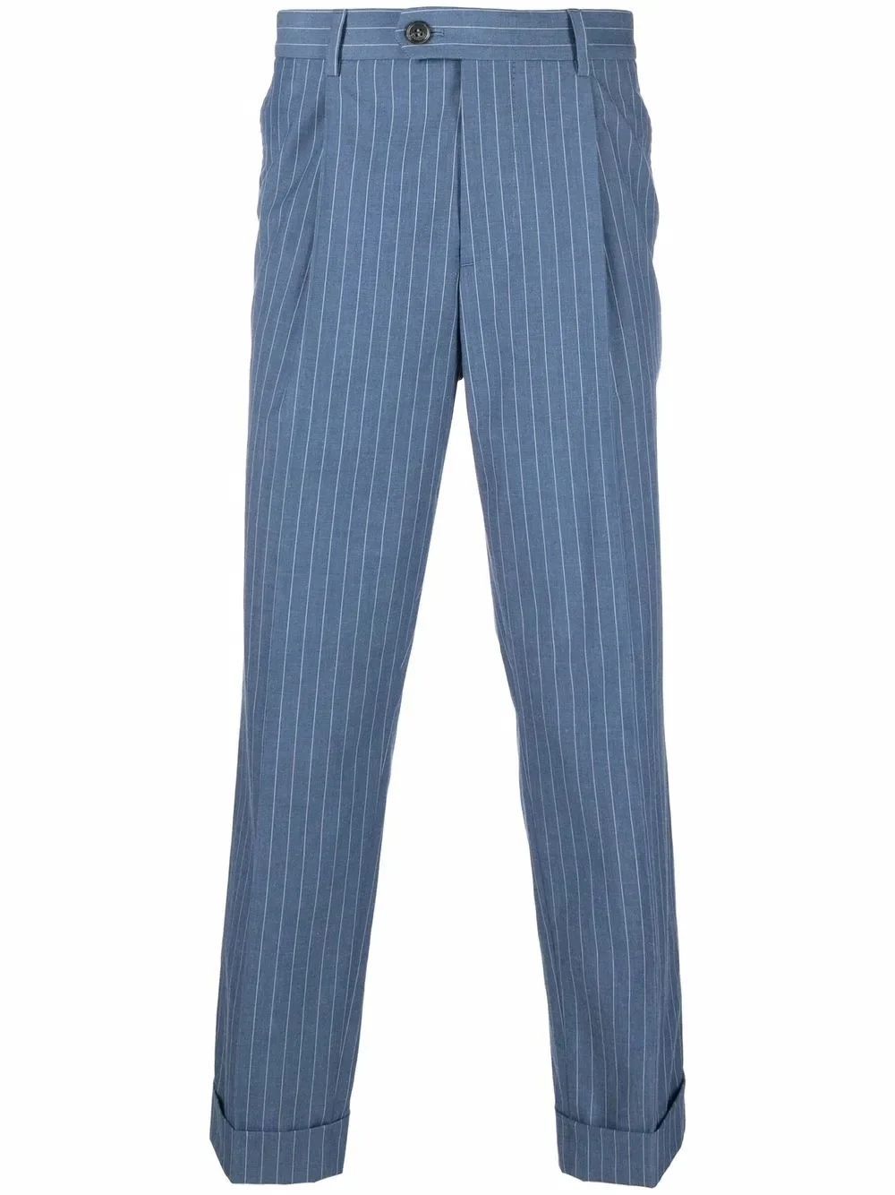 BRUNELLO CUCINELLI MEN'S SLATE BLUE PINSTRIPE TAILORED TROUSERS