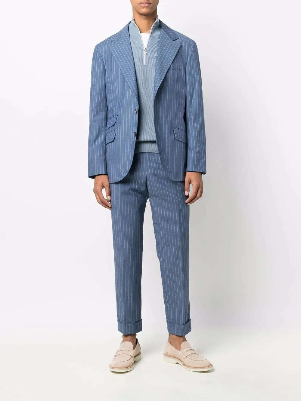 BRUNELLO CUCINELLI MEN'S SLATE BLUE PINSTRIPE TAILORED TROUSERS - Image 2