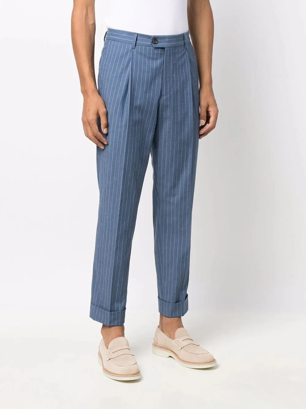 BRUNELLO CUCINELLI MEN'S SLATE BLUE PINSTRIPE TAILORED TROUSERS - Image 3