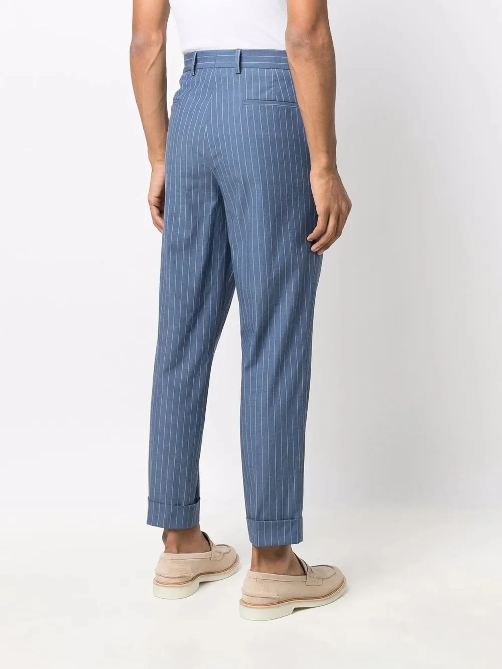 BRUNELLO CUCINELLI MEN'S SLATE BLUE PINSTRIPE TAILORED TROUSERS - Image 4
