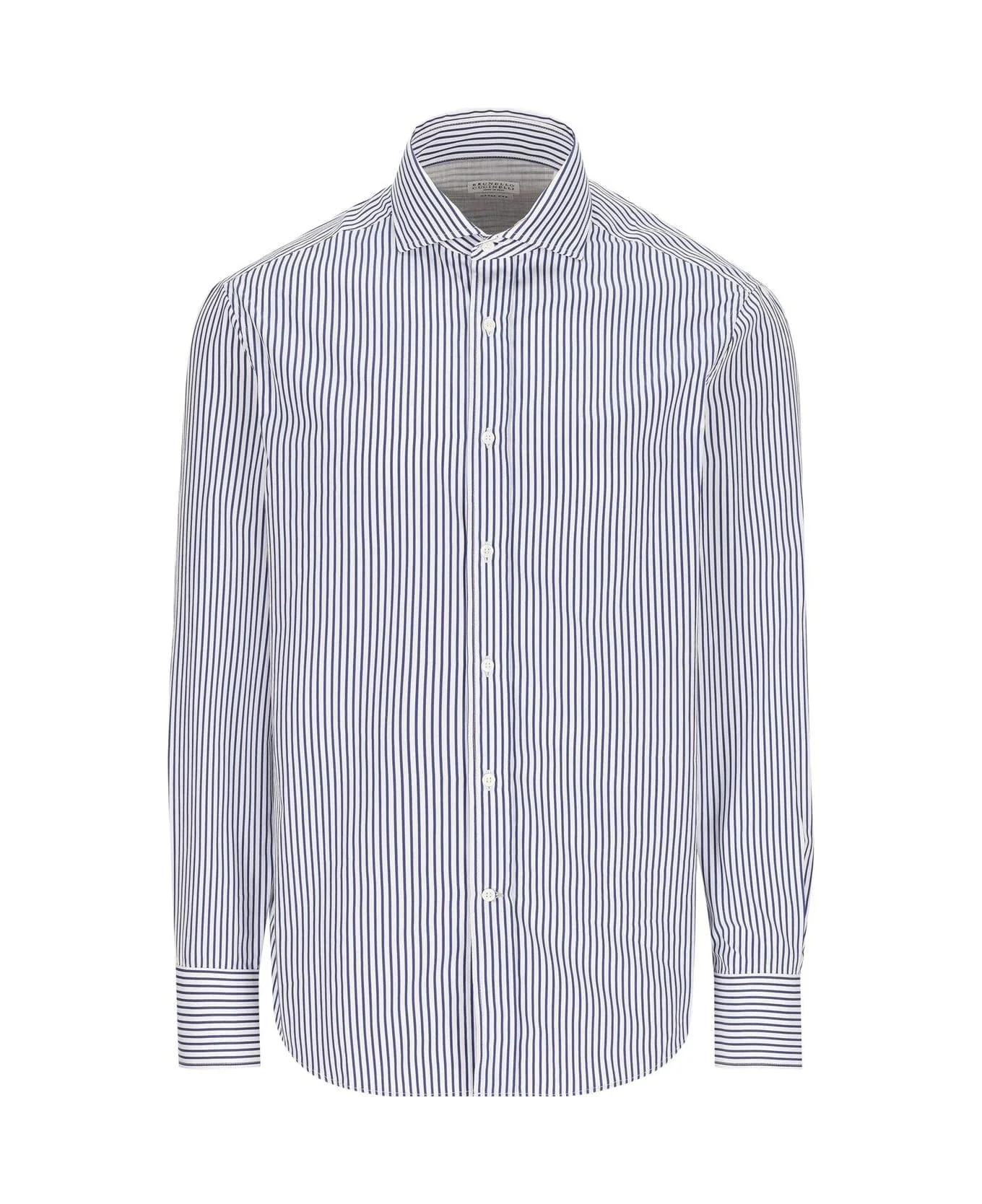 BRUNELLO CUCINELLI MEN'S WHITE BLUE STRIPED BUTTON-UP SHIRT