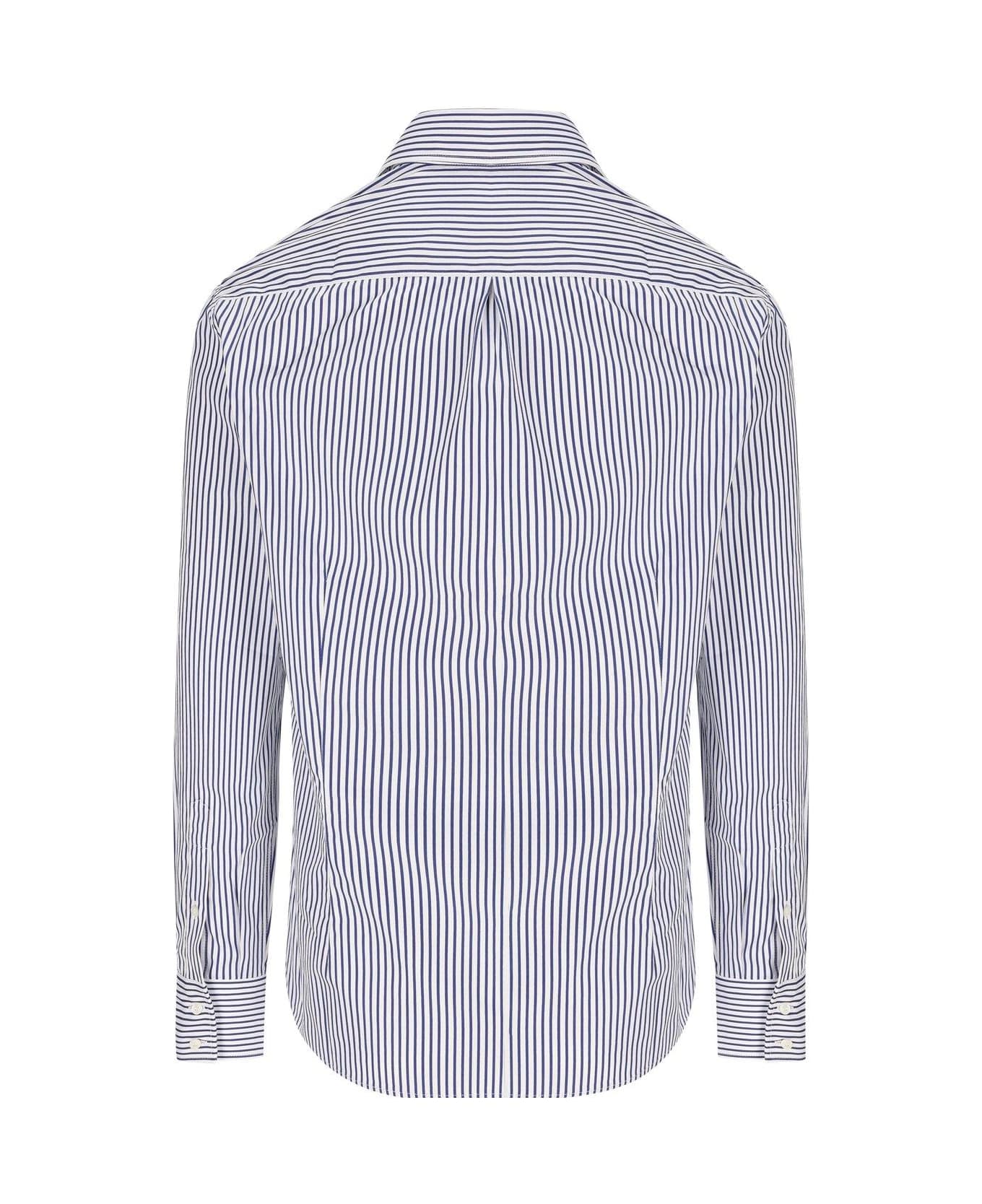BRUNELLO CUCINELLI MEN'S WHITE BLUE STRIPED BUTTON-UP SHIRT - Image 2