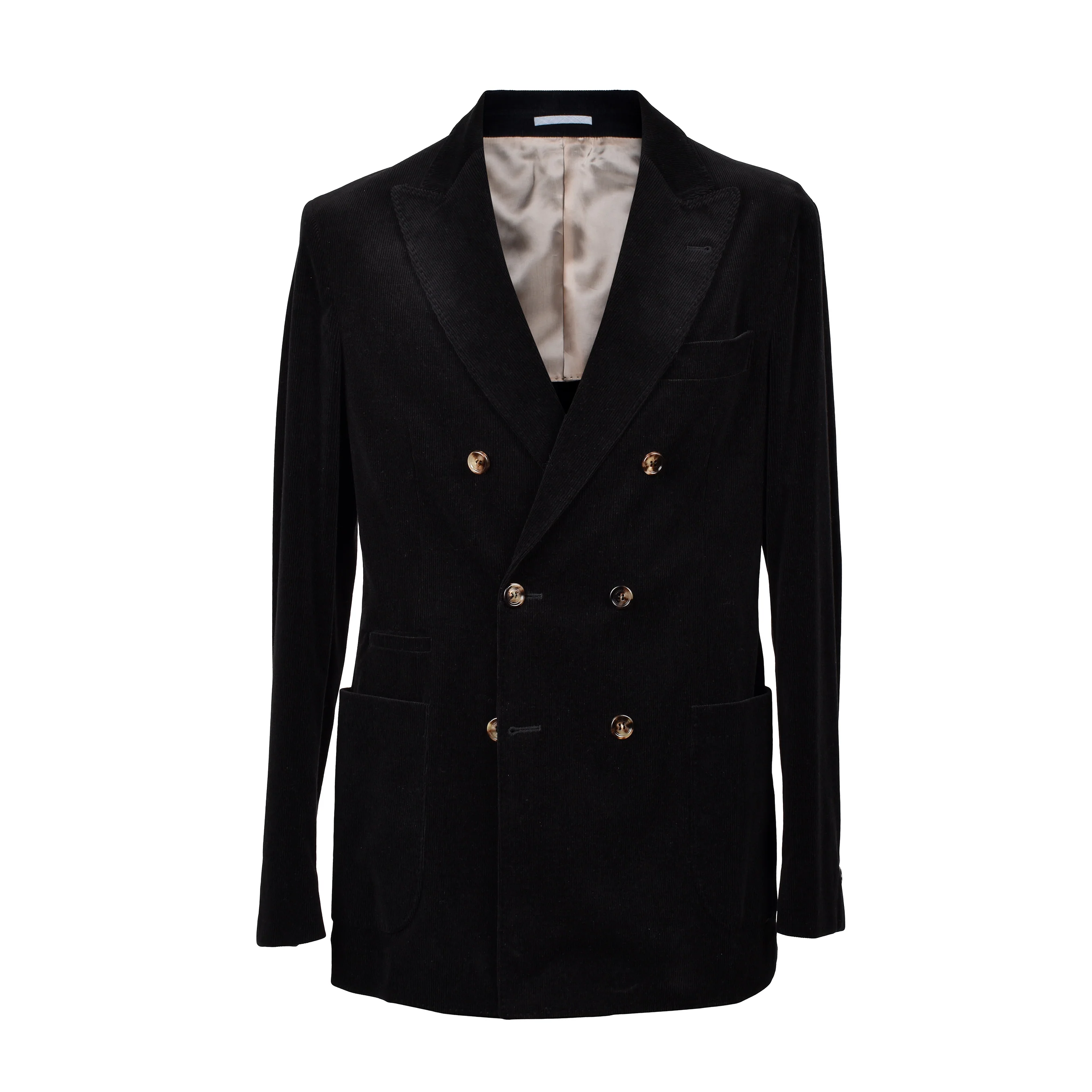 BRUNELLO CUCINELLI MEN'S JET BLACK CORDUROY DOUBLE-BREASTED SUIT