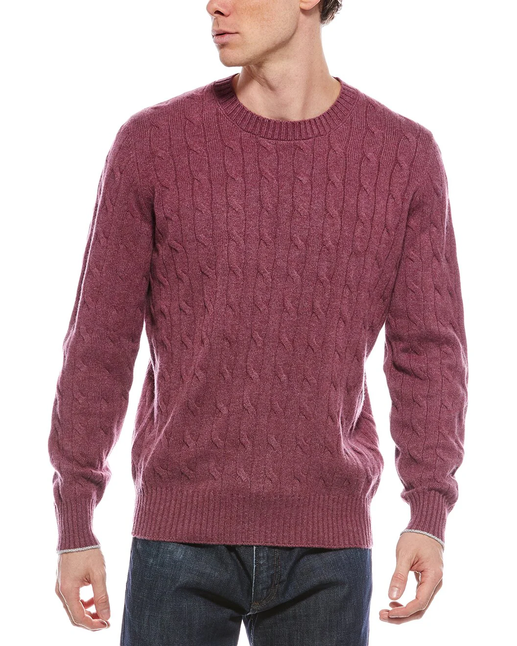 BRUNELLO CUCINELLI MEN'S BURGUNDY CABLE KNIT SWEATER
