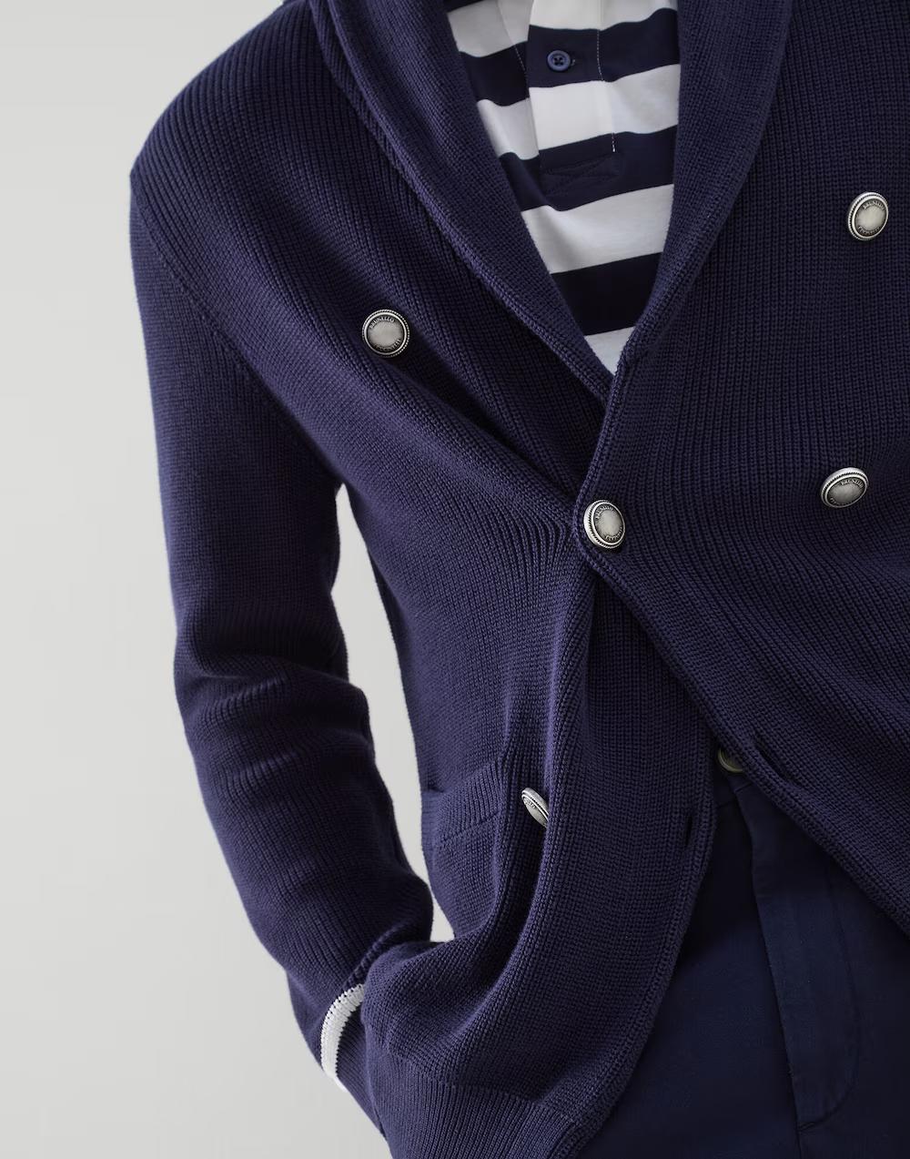 BRUNELLO CUCINELLI MEN'S NAVY DOUBLE-BREASTED SHAWL CARDIGAN - Image 3
