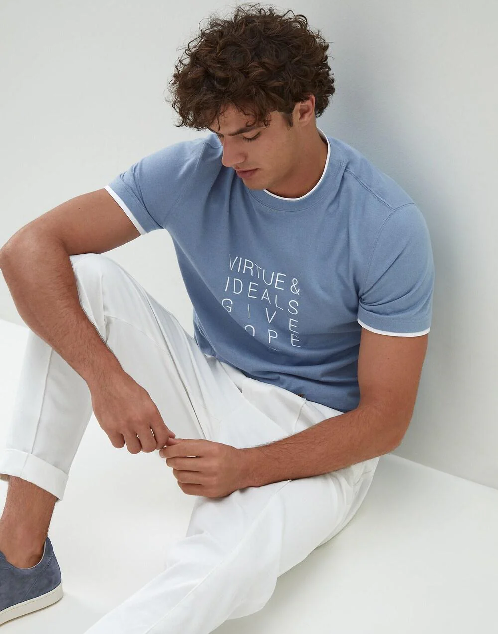 BRUNELLO CUCINELLI MEN'S BLUE CREWNECK T-SHIRT WITH TEXT - Image 5