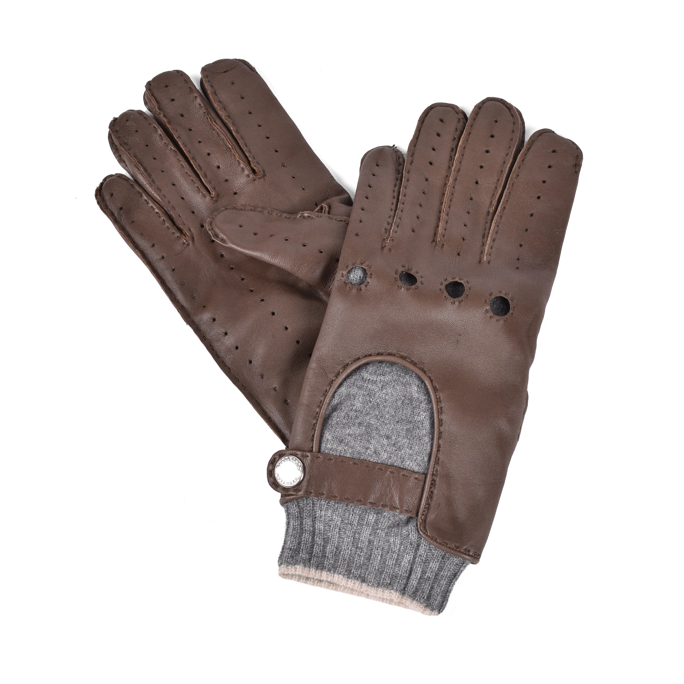 BRUNELLO CUCINELLI MEN'S TWO TONE BROWN/GREY LEATHER BLEND GLOVES