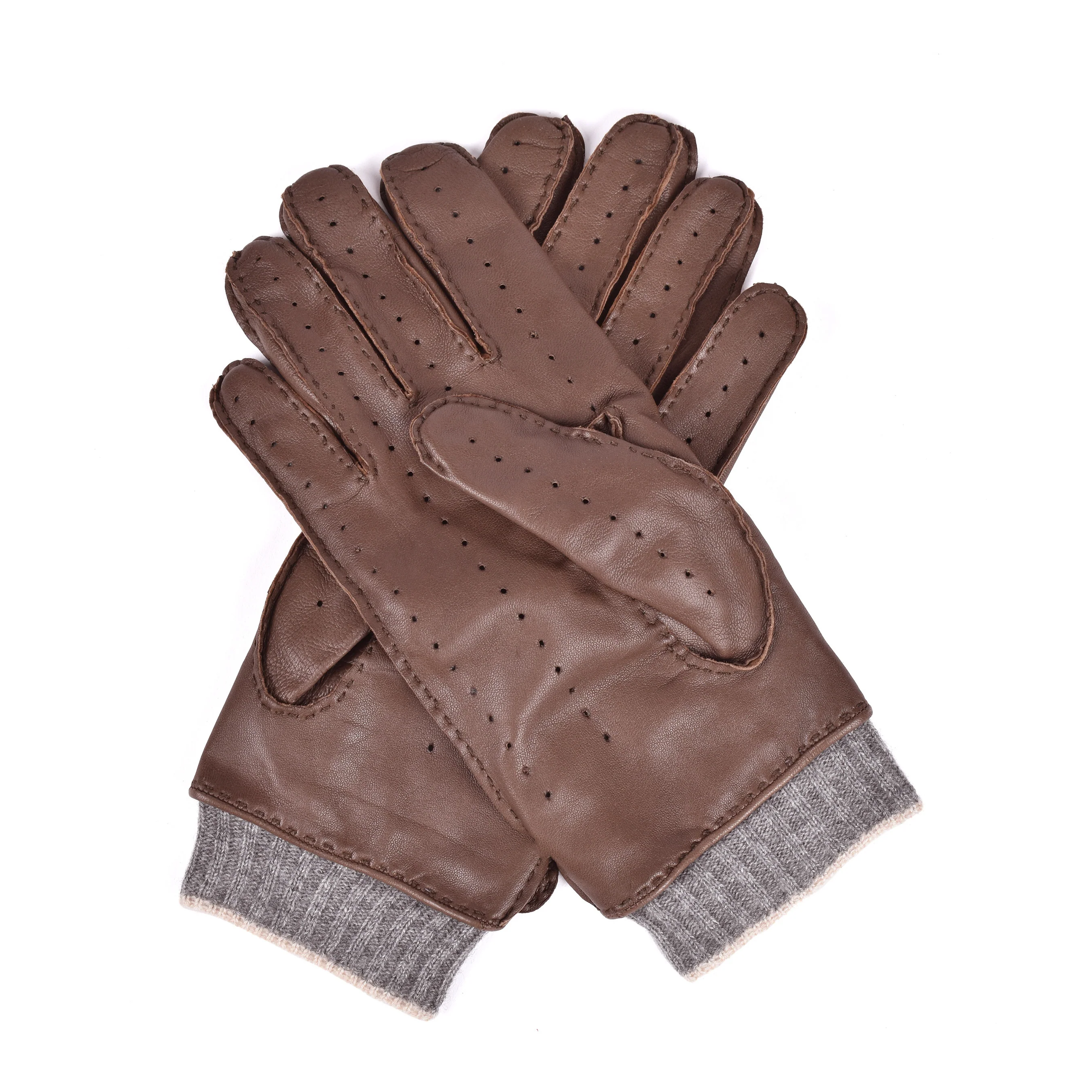 BRUNELLO CUCINELLI MEN'S TWO TONE BROWN/GREY LEATHER BLEND GLOVES - Image 2