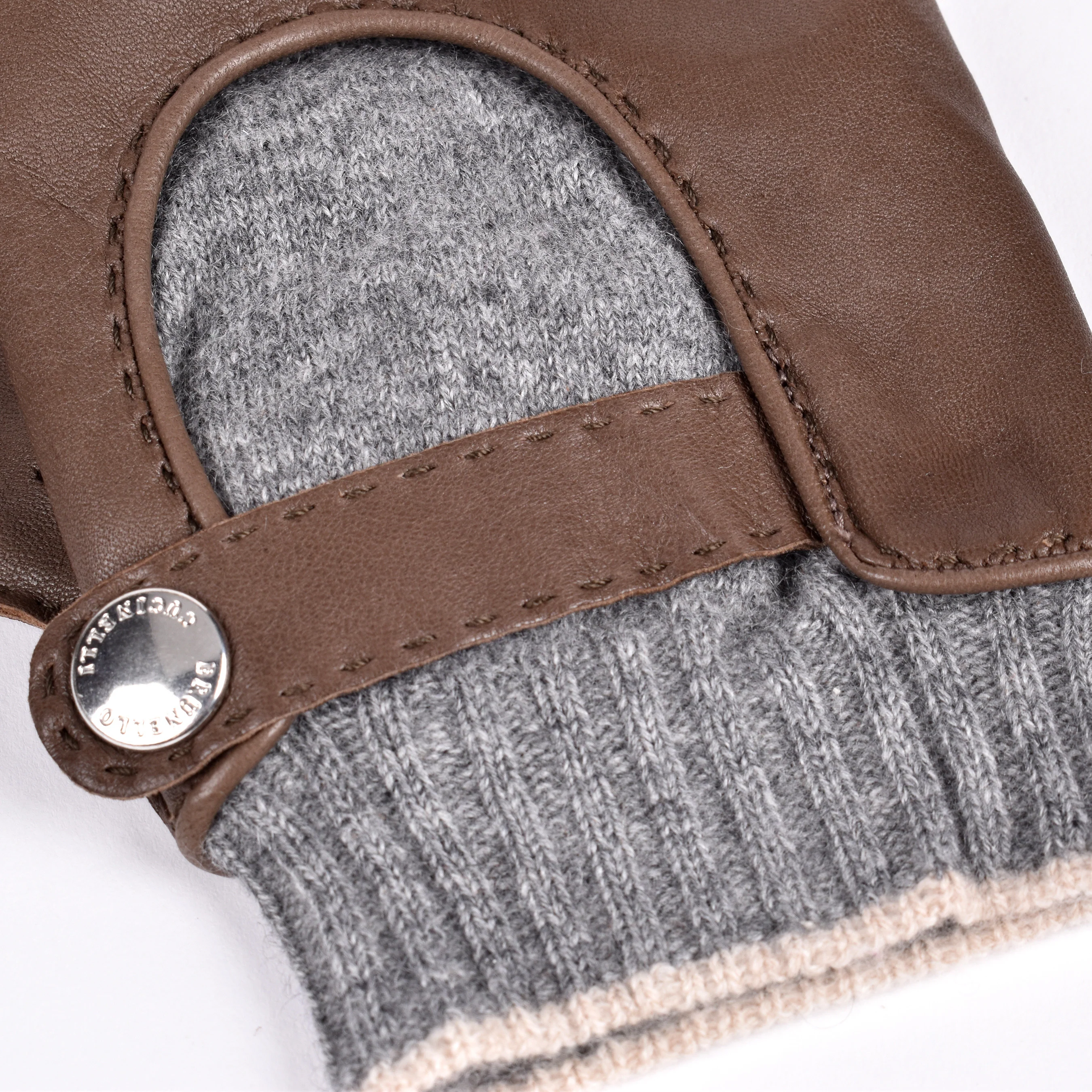 BRUNELLO CUCINELLI MEN'S TWO TONE BROWN/GREY LEATHER BLEND GLOVES - Image 3