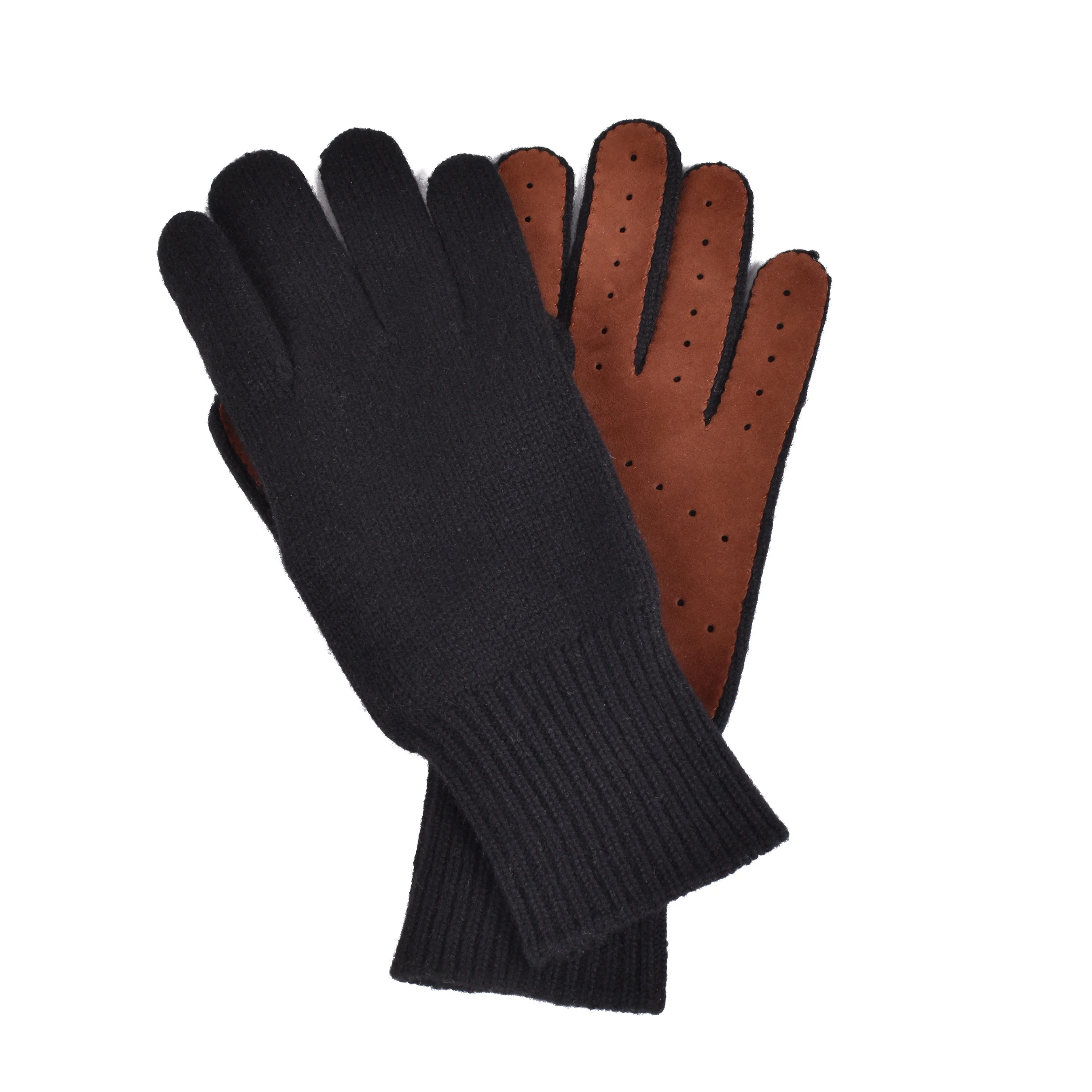 BRUNELLO CUCINELLI MEN'S TWO TONE CASHMERE KNIT LINED SUEDE GLOVES - Image 2