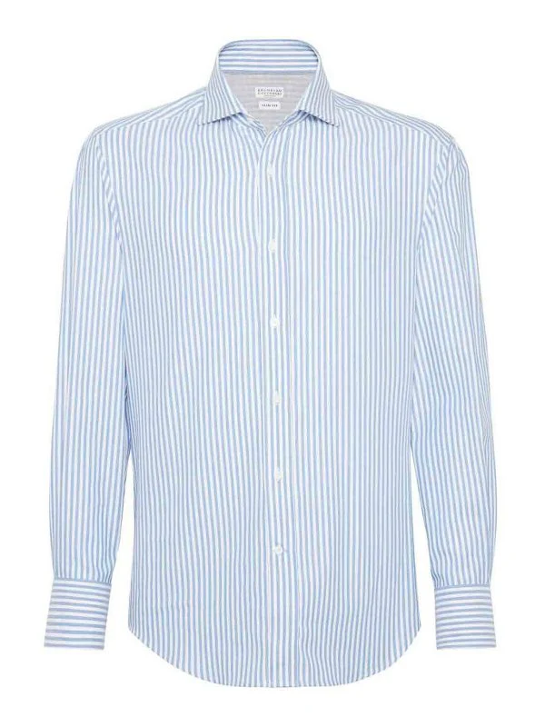 BRUNELLO CUCINELLI MEN'S WHITE AND LIGHT BLUE STRIPED SHIRT