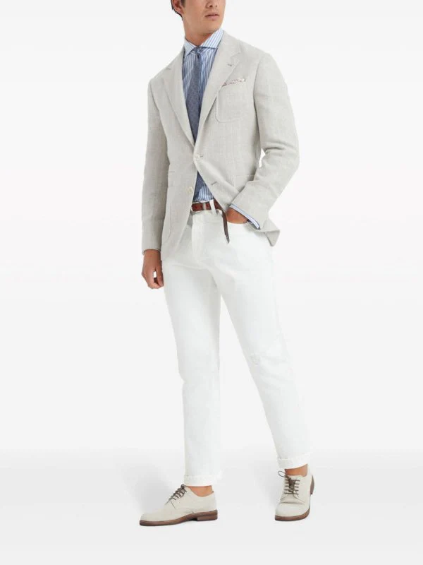 BRUNELLO CUCINELLI MEN'S WHITE AND LIGHT BLUE STRIPED SHIRT - Image 2