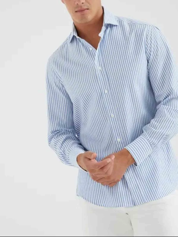 BRUNELLO CUCINELLI MEN'S WHITE AND LIGHT BLUE STRIPED SHIRT - Image 3