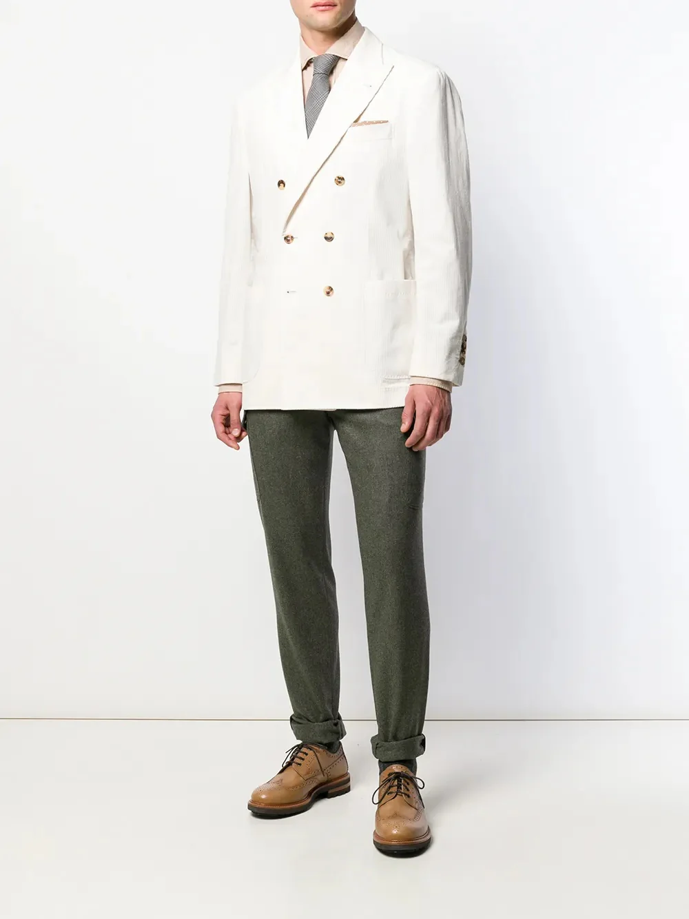 BRUNELLO CUCINELLI MEN'S WHITE DOUBLE-BREASTED CORDUROY BLAZER - Image 2