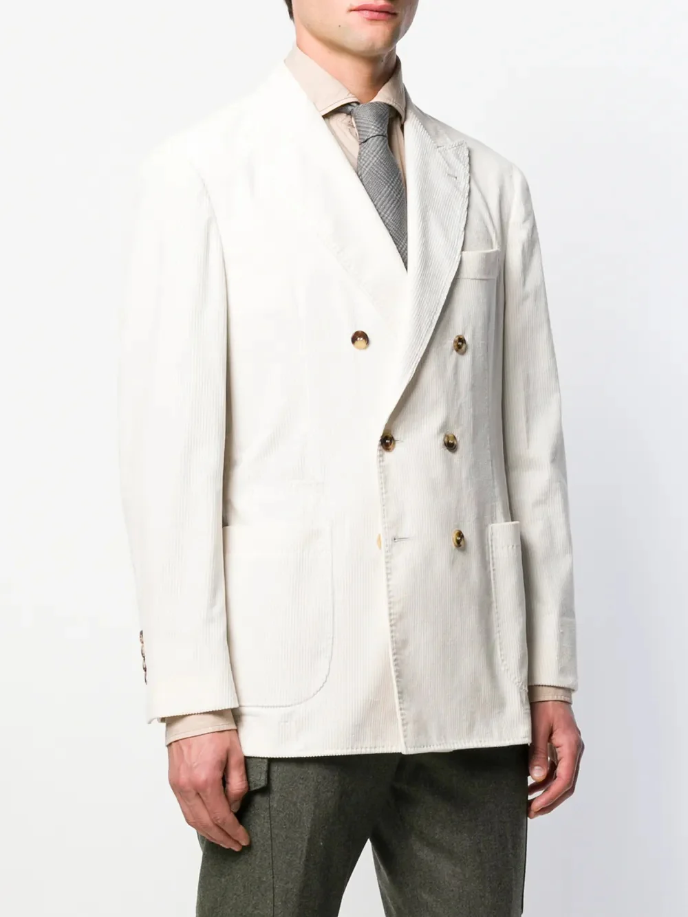 BRUNELLO CUCINELLI MEN'S WHITE DOUBLE-BREASTED CORDUROY BLAZER - Image 3