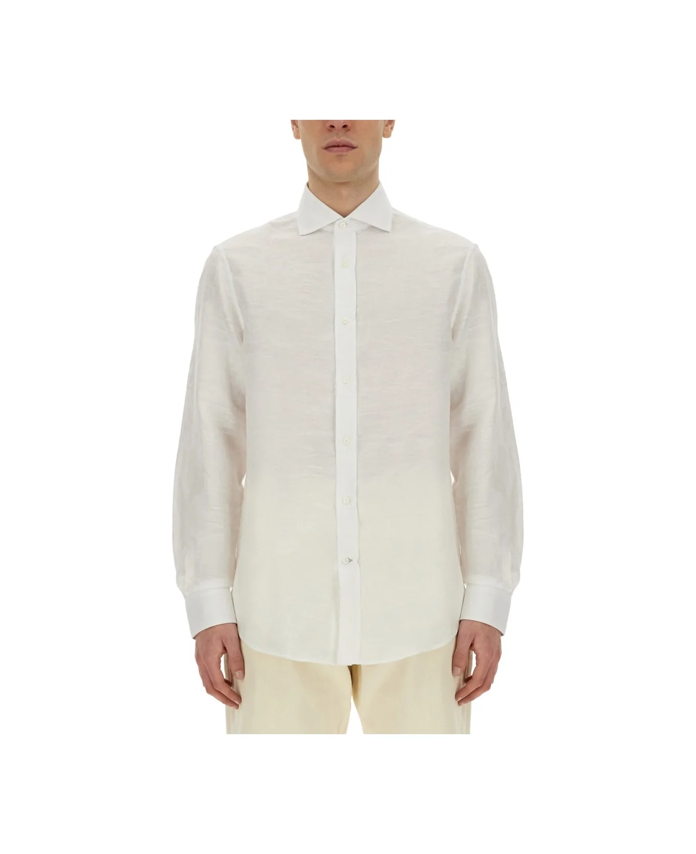 BRUNELLO CUCINELLI MEN'S WHITE LINEN BLEND DRESS SHIRT