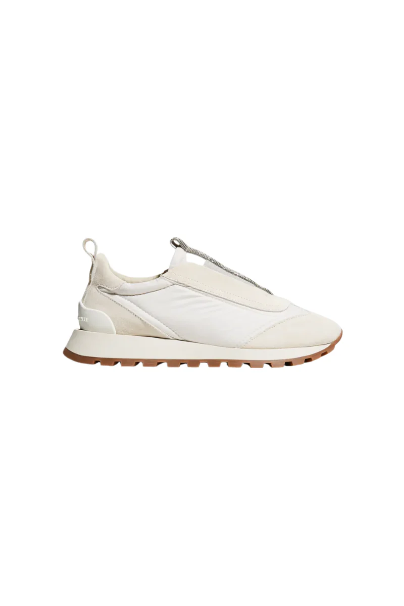 Brunello Cucinelli Mixed Leather Slip-On Runner Sneakers-White - Image 2